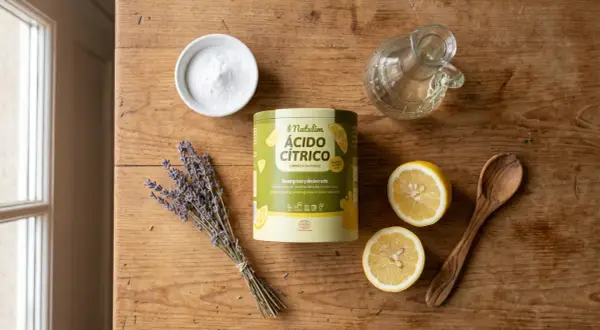 Ingredienti per un detersivo lavatrice fatto in casa: acido citrico, bicarbonato, lavanda, limoni e un cucchiaio di legno.