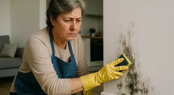 Donna con guanti gialli e grembiule pulisce il muro con aceto, preoccupata per la muffa.