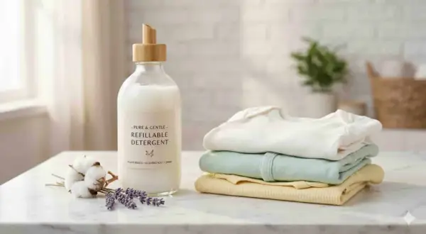 Detersivo per neonati: quale usare? Un flacone di detersivo ecologico accanto a una pila di vestiti per bambini e cotone.