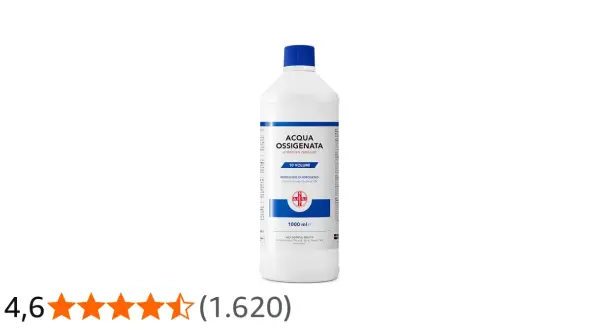 Flacone di acqua ossigenata (perossido di idrogeno) da 1000 ml, ideale per la sanificazione. Valutazione 4,6 stelle.