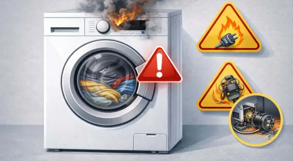 Lavatrice nuova puzza di bruciato, fumo e fiamme escono dal pannello. Segnali di pericolo indicano problemi elettrici.