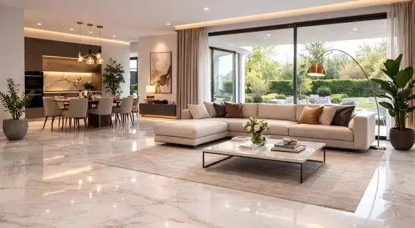 Lussuoso soggiorno con pavimenti in vari tipi di marmo bianco, divano angolare beige e cucina a vista.