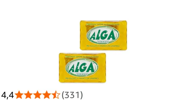 Due saponette Alga Ecologico, ideali per bucato a mano e in lavatrice, con olio di cocco.