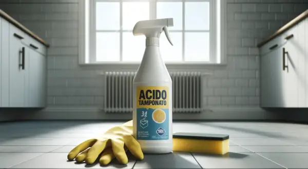Flacone di acido tamponato per wc, guanti gialli e spugna su un pavimento piastrellato.