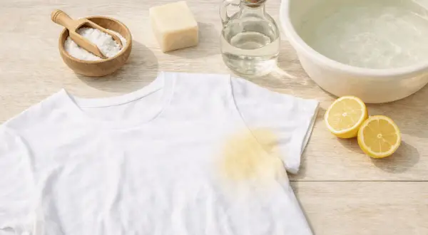 Una maglietta bianca con una macchia gialla. Accanto, ingredienti naturali per rimuovere le macchie: sale, sapone, aceto, limone e acqua.