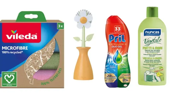 Panni in microfibra Vileda, spazzola per piatti a forma di fiore Vigar e sapone per piatti e mani Nuncas: alternative naturali per cosa usare al posto del detersivo per lavastoviglie.