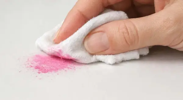 Mano che pulisce polvere rosa da superficie bianca con panno. Scopri come togliere lo smalto dal pavimento in gres.