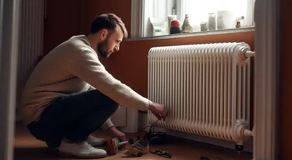 Uomo accovacciato vicino a un termosifone bucato che perde acqua, con attrezzi a terra.