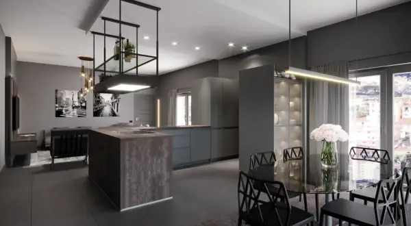 Isola cucina con finitura in ardesia, un tocco moderno e raffinato per un ambiente di design.