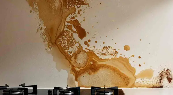Macchie di olio sul muro della cucina, con gocce e schizzi che creano un disegno astratto sopra il piano cottura a gas.