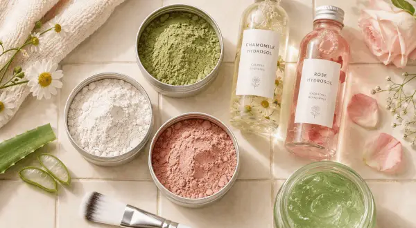 A cosa serve l'argilla? In questa immagine, polveri di argilla bianca, verde e rosa sono pronte per creare maschere viso, insieme a idrolati e aloe.