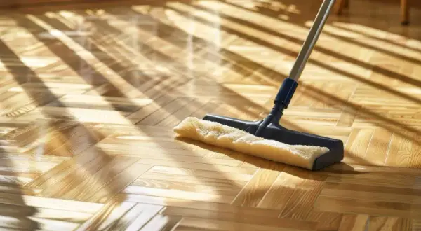 Un mocio lucida un parquet a spina di pesce, illuminato da raggi di sole che creano un gioco di luci. Scopri come lucidare parquet per un risultato splendente.