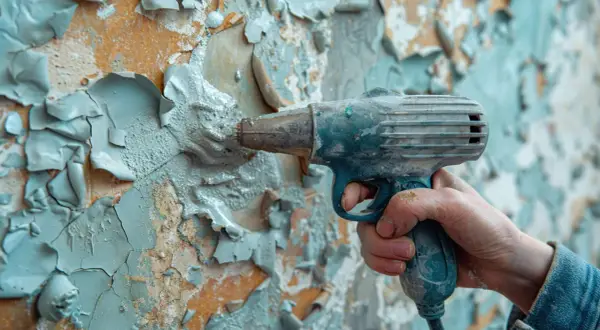 Una mano impugna un attrezzo che rimuove vecchi schizzi di vernice da un muro scrostato.