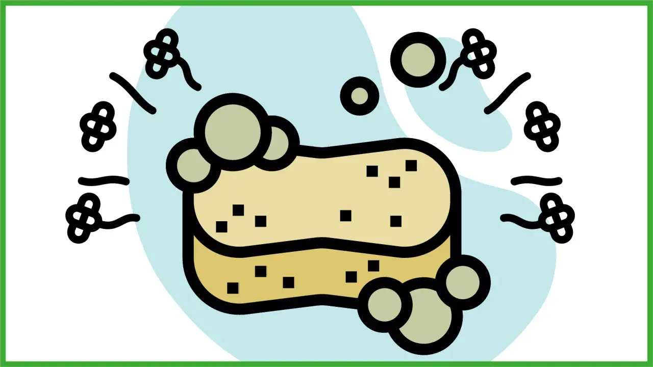 Spugna gialla con bolle di sapone e simboli floreali, evoca un ammorbidente con acido citrico per un bucato fresco.