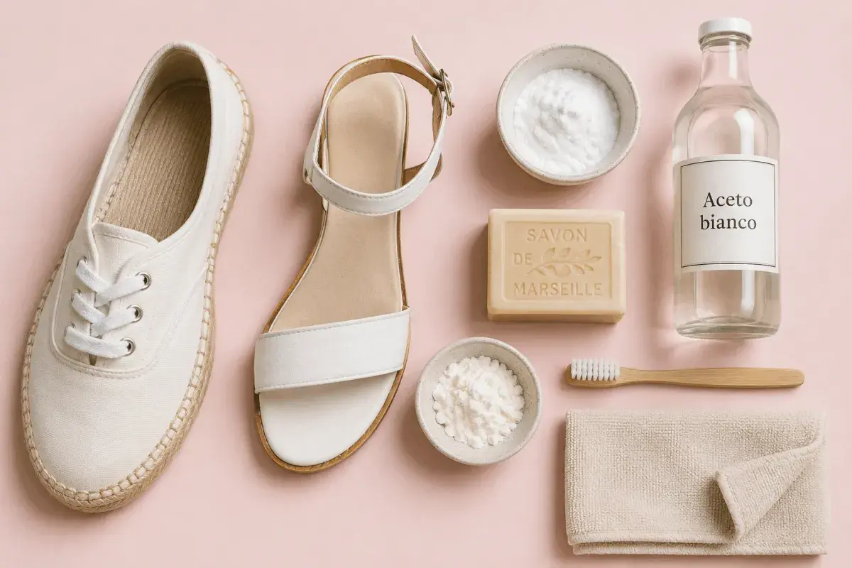 Scarpe bianche, un sandalo, bicarbonato, sapone di Marsiglia, aceto bianco, spazzolino e panno: tutto l'occorrente per sapere come pulire scarpe bianche.