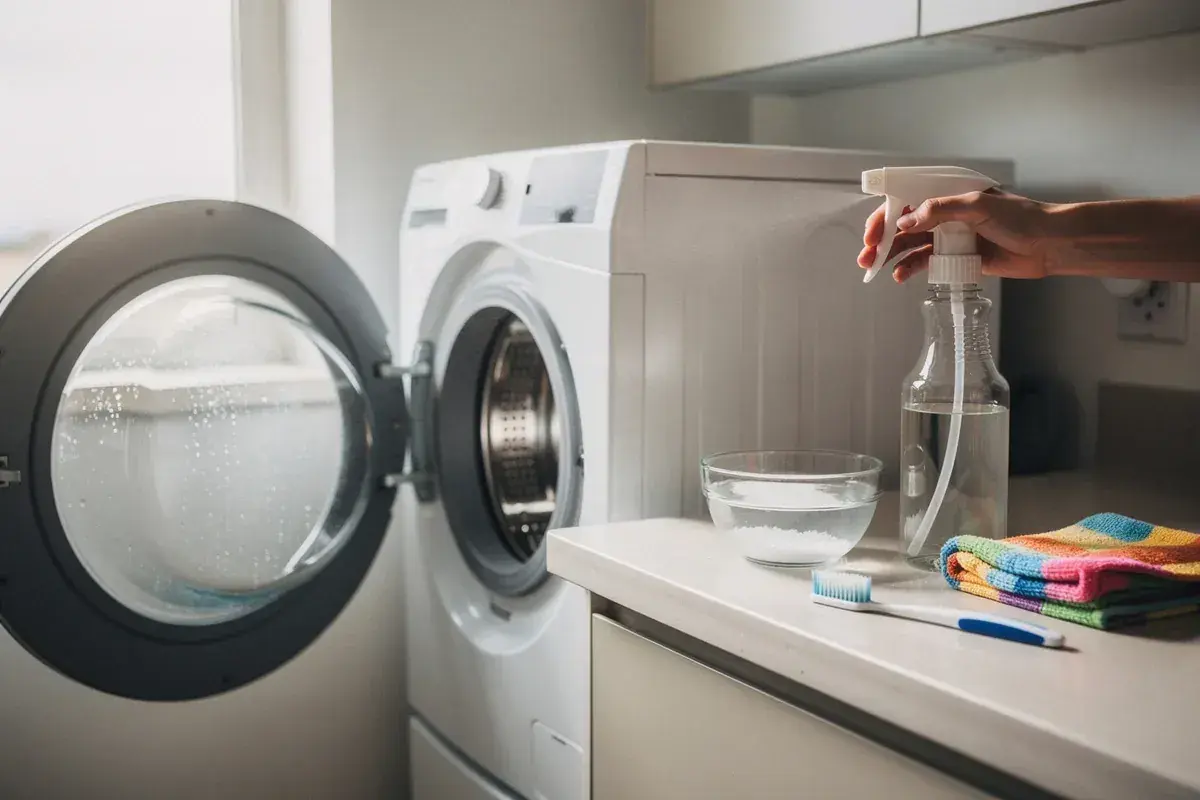 Preparativi per pulire la lavatrice: una mano spruzza un liquido da un flacone, accanto a una ciotola con bicarbonato, uno spazzolino e un panno colorato.