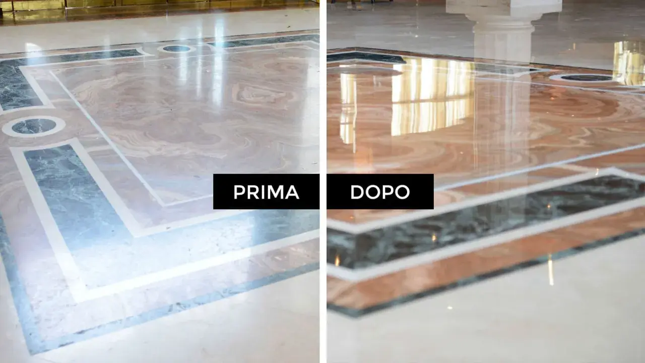 Before and after comparison of a marble floor, showing a dull surface on the left and a polished, reflective surface on the right.