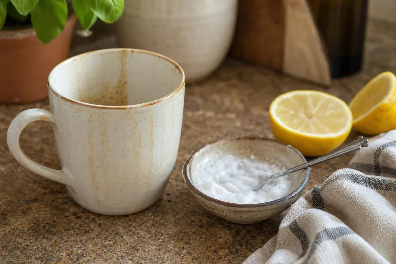 Una tazza, una ciotola con bicarbonato e limone, ingredienti per lucidare marmo con bicarbonato e ottenere una superficie brillante.