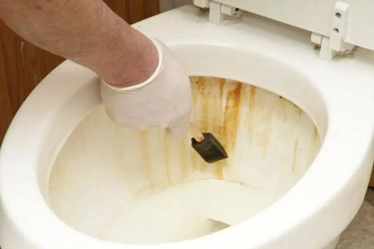 Mano con guanto bianco che usa una spugnetta per rimuovere la ruggine dal water.