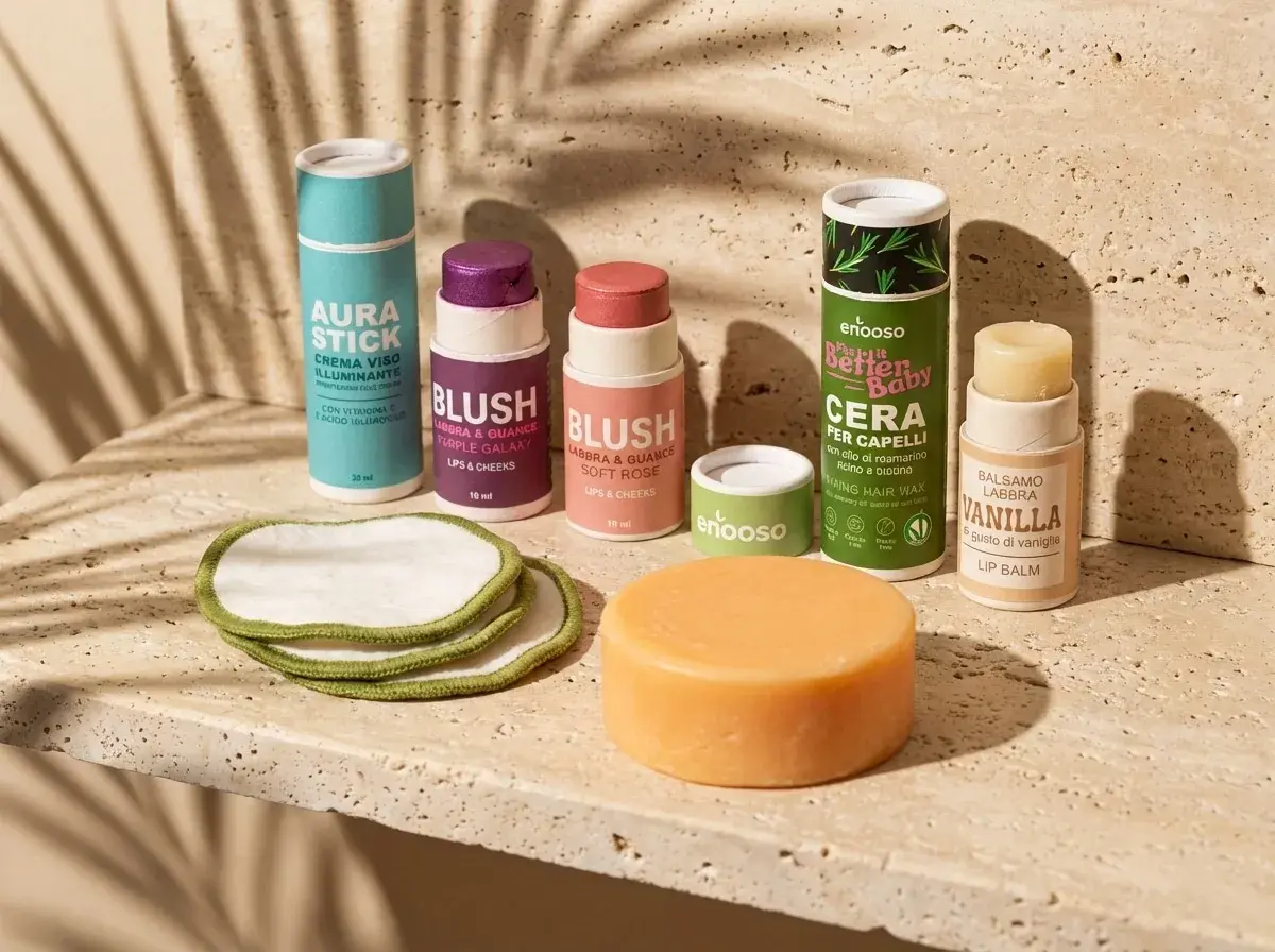 Prodotti di bellezza naturali: blush, balsamo labbra alla vaniglia e cera per capelli con cera di carnauba.