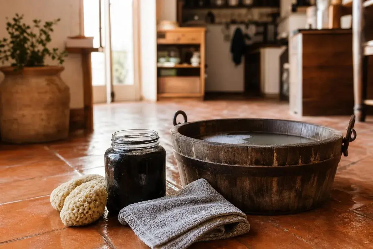 Savon noir cos'è? Un barattolo di sapone nero, spugne naturali e un telo grigio accanto a un catino di legno con acqua.