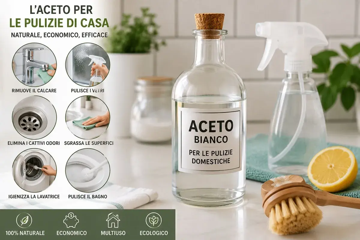 Aceto bianco per pulizie domestiche: rimuove calcare, pulisce vetri, elimina odori, sgrassa, igienizza e pulisce il bagno. Dosi acqua e aceto per pulire in modo naturale ed economico.