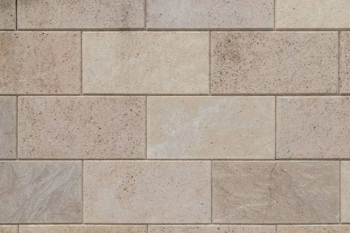 Dettaglio di un pavimento in trachite, con blocchi rettangolari di pietra chiara, alcuni con venature naturali e piccole inclusioni.