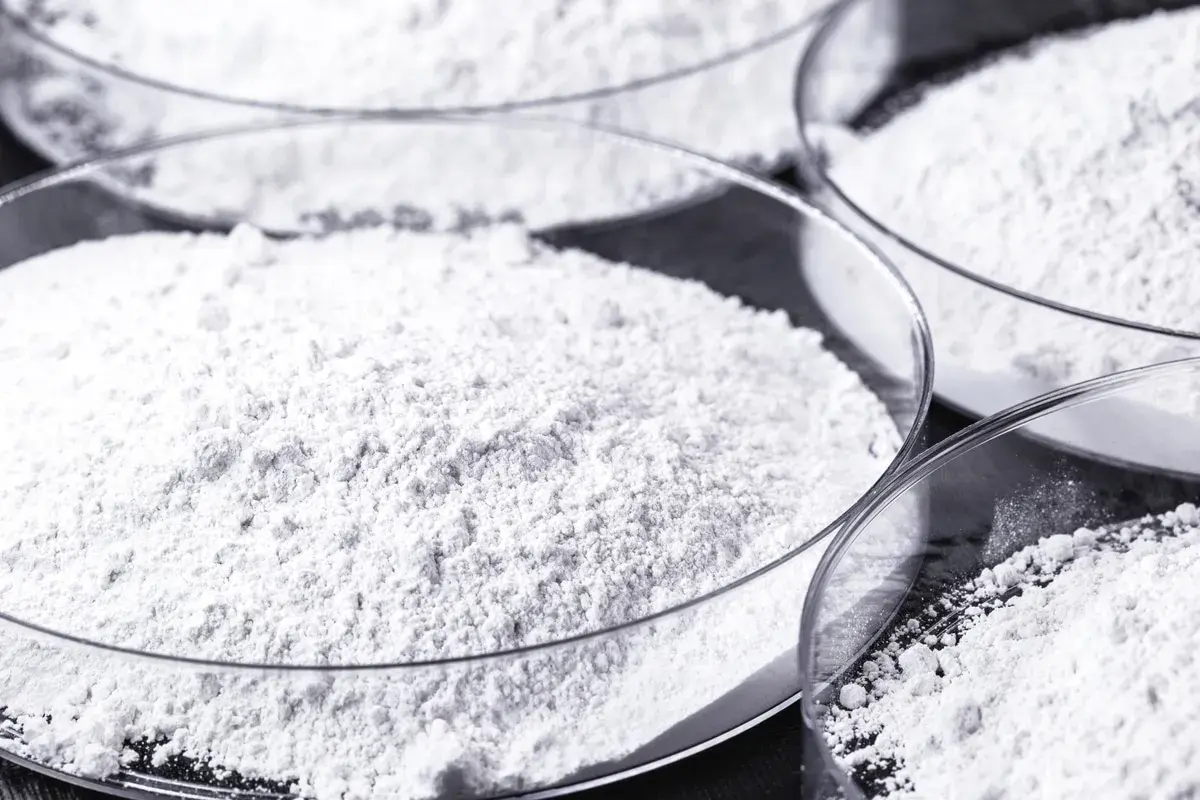 Polveri bianche in capsule di vetro. Il calcio carbonato a cosa serve? È un ingrediente comune in molti prodotti, dall'edilizia alla farmaceutica.