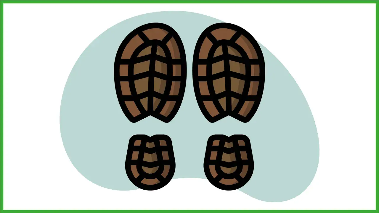 Impronte di scarpe marroni su sfondo azzurro. Guida su come togliere macchie di fango dalle calzature.