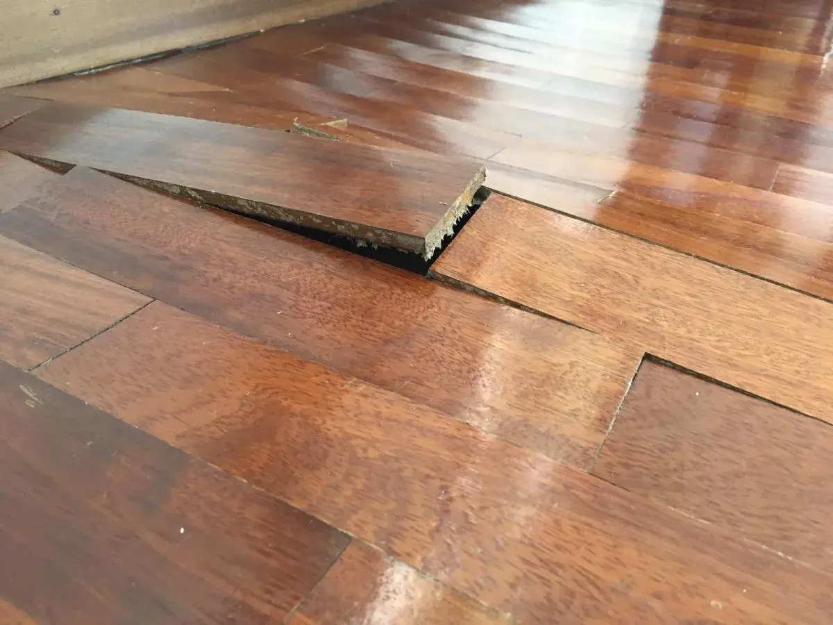 Parquet sollevato e deformato, con evidenti macchie di umidità che hanno compromesso le doghe.