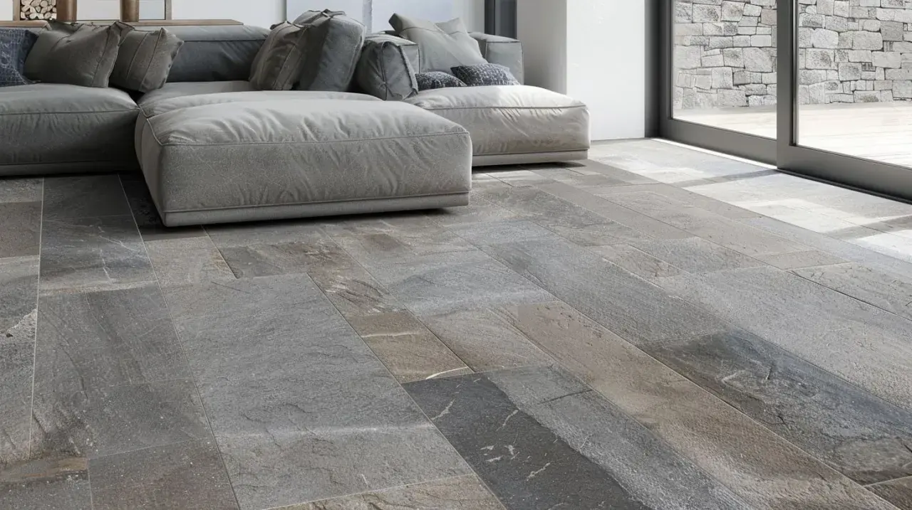 Pavimento in pietra di Luserna, grigio e variegato, con un divano moderno. Ideale per chi cerca consigli su come pulire la pietra di Luserna.