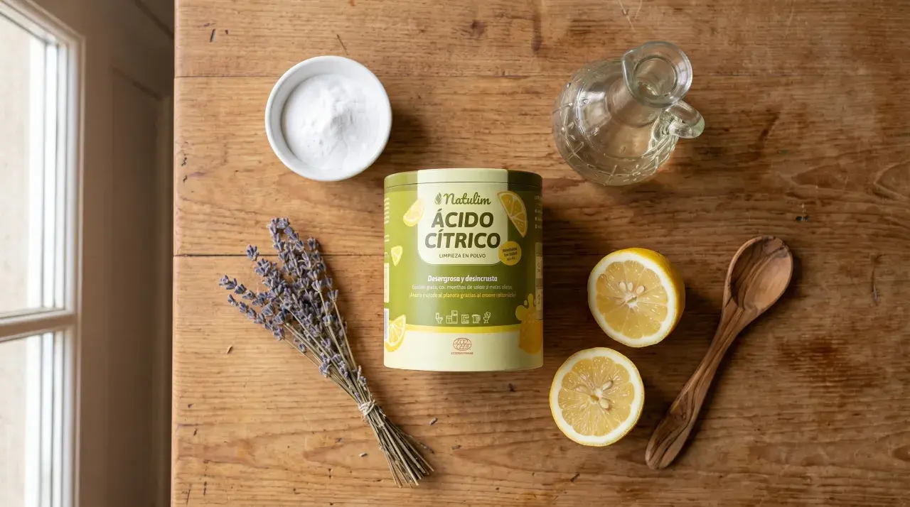 Ingredienti per un detersivo lavatrice fatto in casa: acido citrico, bicarbonato, lavanda, limoni e un cucchiaio di legno.