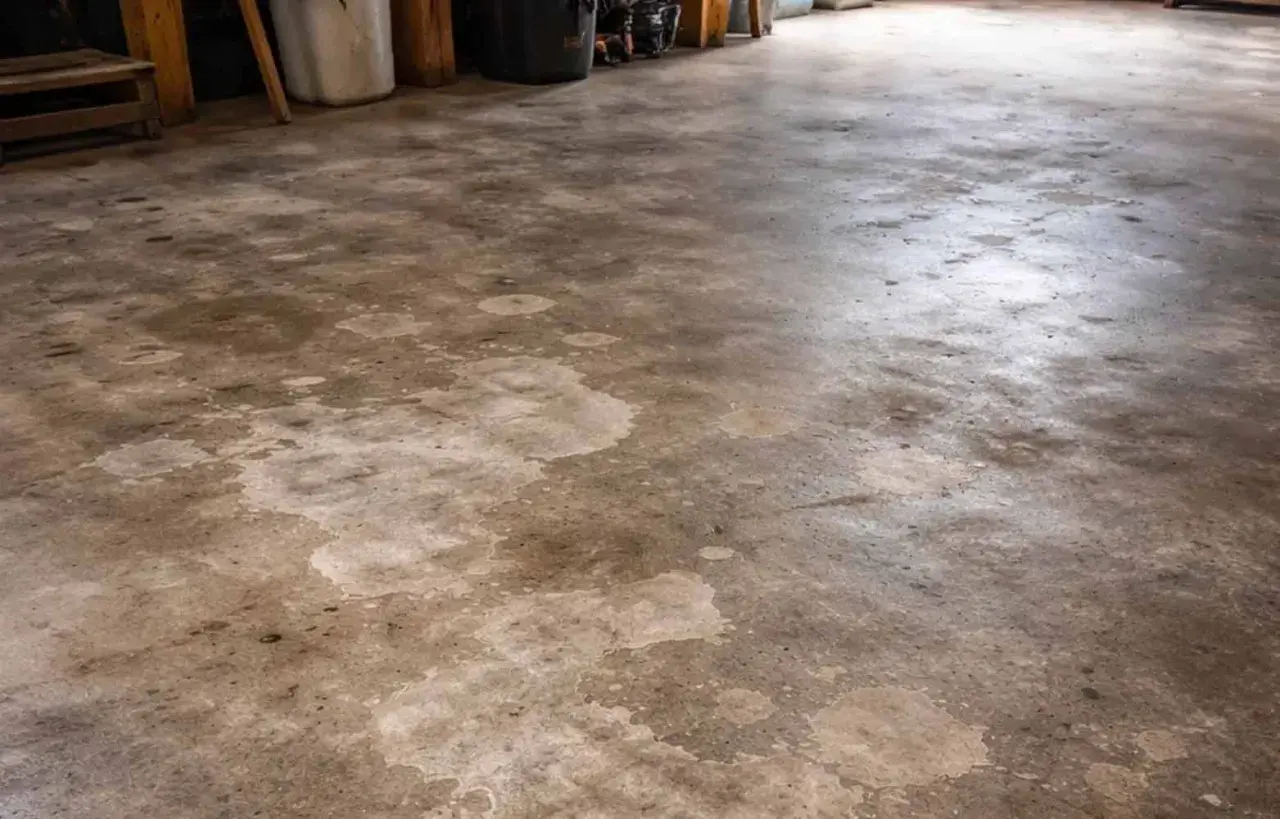 Pavimento esterno in cemento con macchie evidenti, pronto per essere pulito con acido muriatico per rimuovere le incrostazioni.