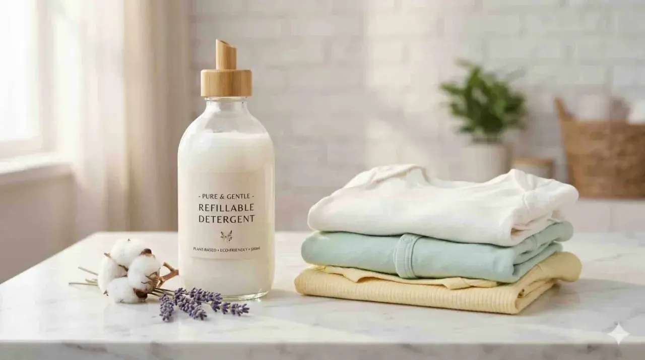 Detersivo per neonati: quale usare? Un flacone di detersivo ecologico accanto a una pila di vestiti per bambini e cotone.