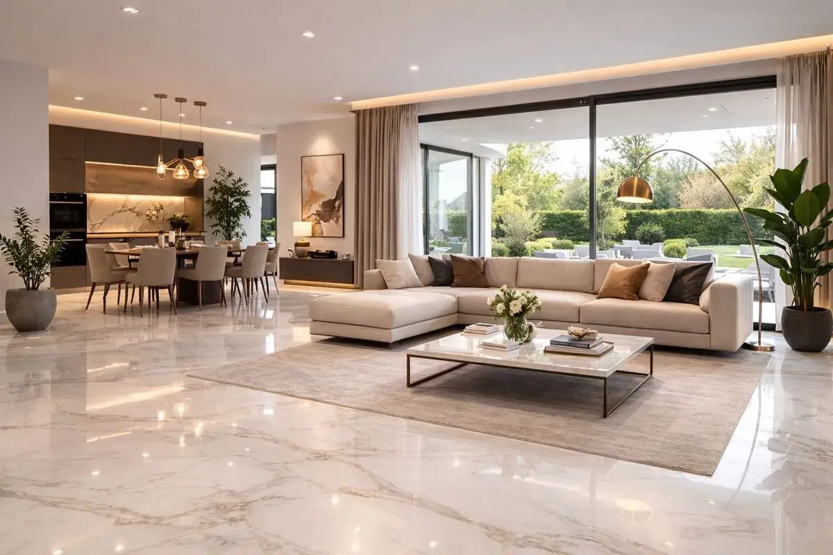 Lussuoso soggiorno con pavimenti in vari tipi di marmo bianco, divano angolare beige e cucina a vista.