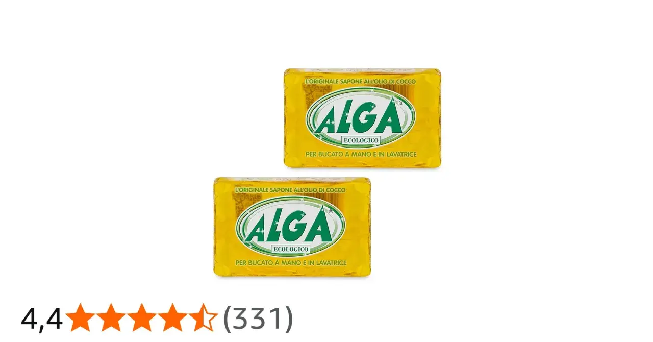 Due saponette Alga Ecologico, ideali per bucato a mano e in lavatrice, con olio di cocco.