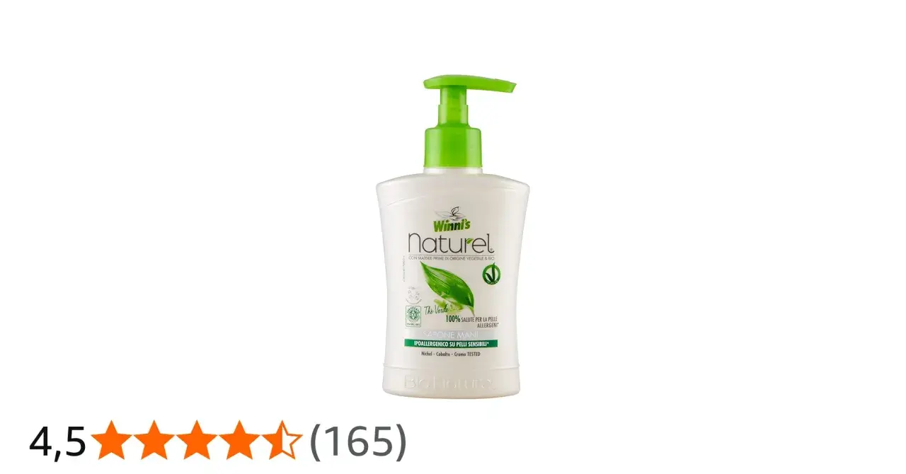 Sapone mani Winni's Naturel con un erogatore verde. La saponetta verde è ipoallergenica e testata.
