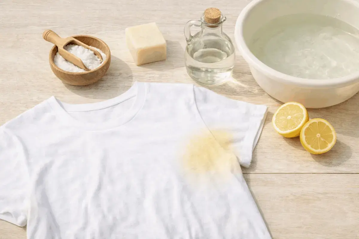 Una maglietta bianca con una macchia gialla. Accanto, ingredienti naturali per rimuovere le macchie: sale, sapone, aceto, limone e acqua.