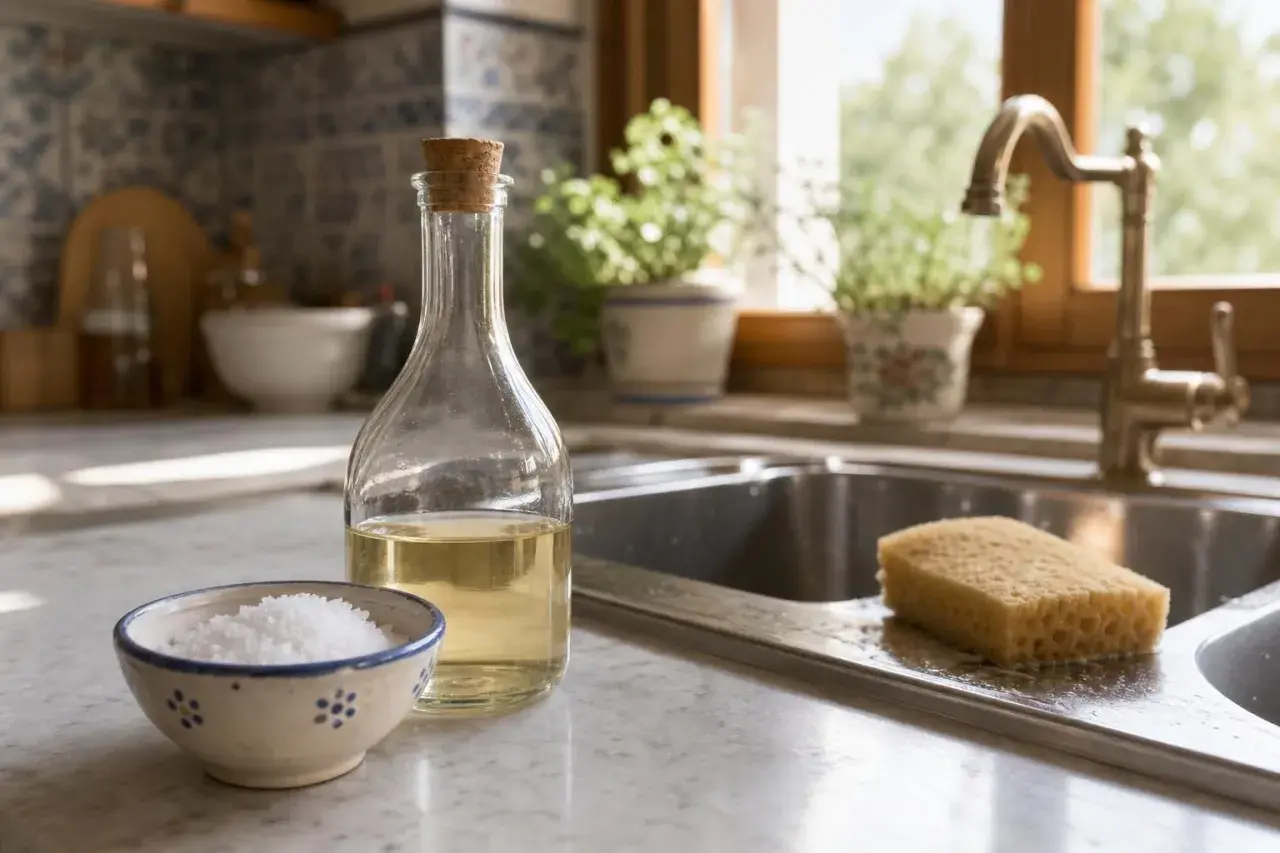 Acqua e aceto per muffa: una bottiglia di aceto, una ciotola di sale e una spugna vicino al lavello, pronti per pulire.
