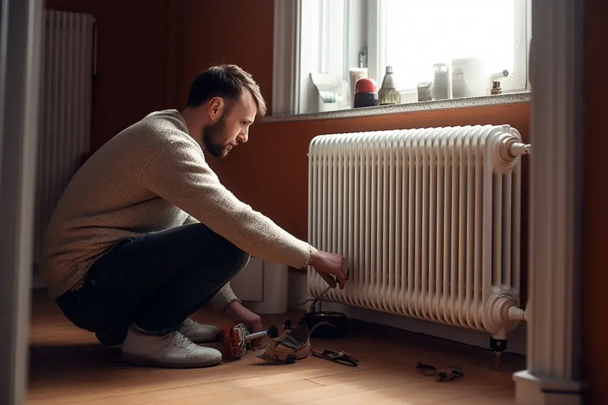 Uomo accovacciato vicino a un termosifone bucato che perde acqua, con attrezzi a terra.