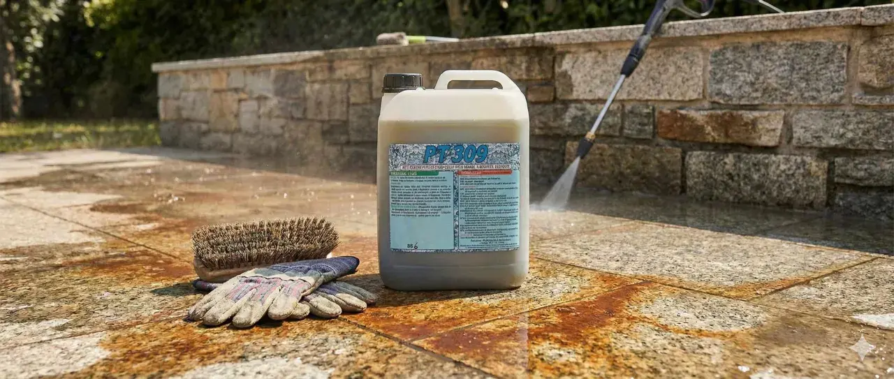 Kit per pulire il cotto esterno: flacone di detergente, guanti e spazzola su pavimentazione bagnata.