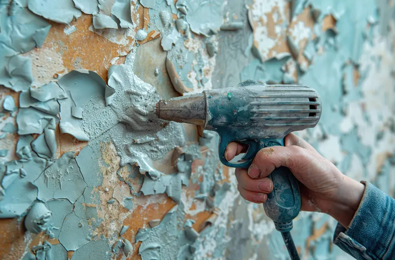 Una mano impugna un attrezzo che rimuove vecchi schizzi di vernice da un muro scrostato.