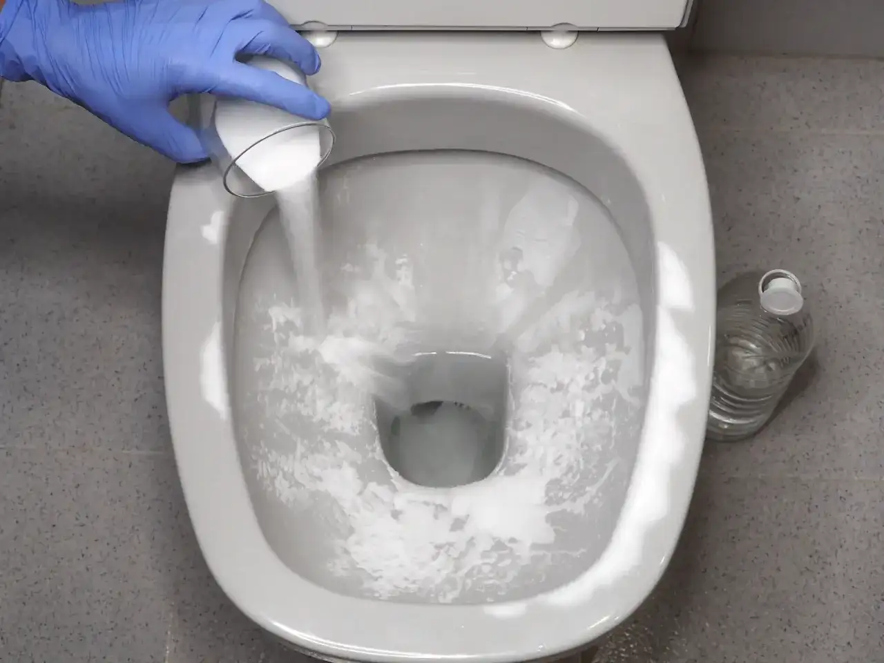 Guanto blu versa polvere bianca nel WC per disincrostare. Bottiglia d'acqua sullo sfondo.