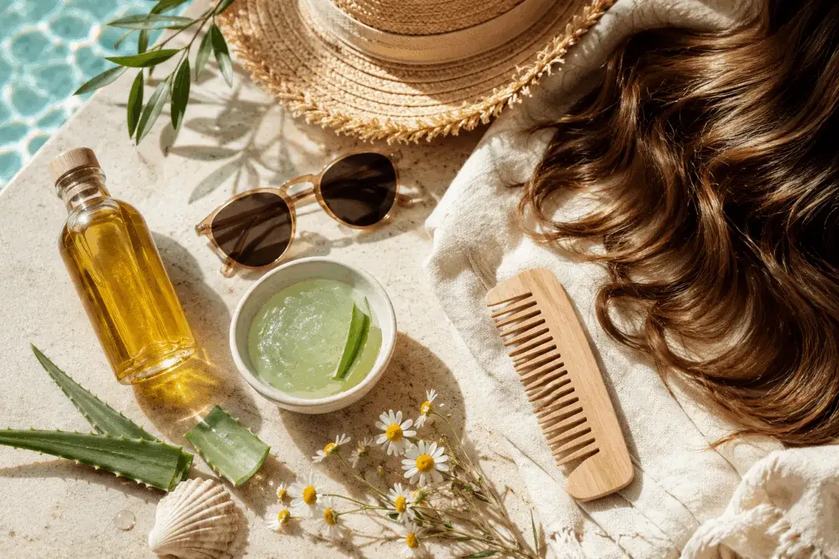 Olio, aloe e pettine in legno per curare i capelli secchi. Cappello di paglia e occhiali da sole completano la scena estiva.