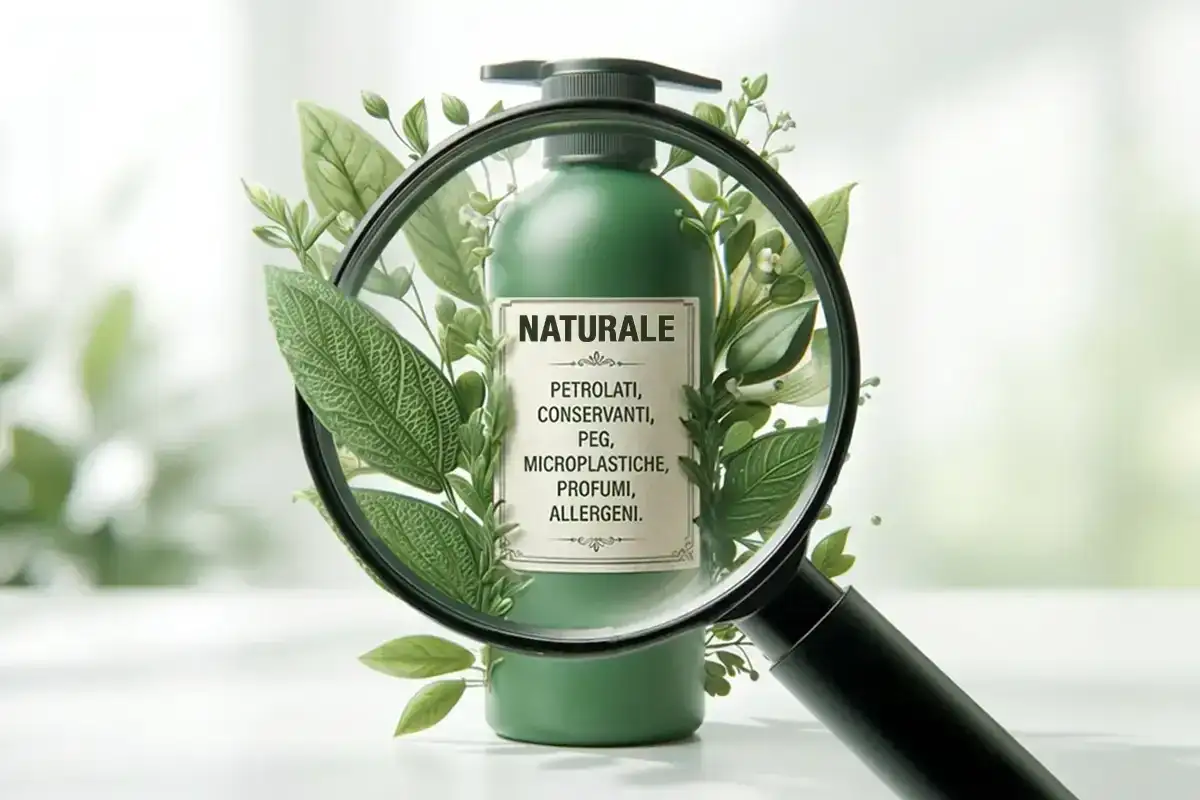 Lente d'ingrandimento su flacone verde con etichetta "NATURALE", circondato da foglie. Promuove cosmetici sostenibili, liberi da petrolati, conservanti, peg, microplastiche, profumi e allergeni.