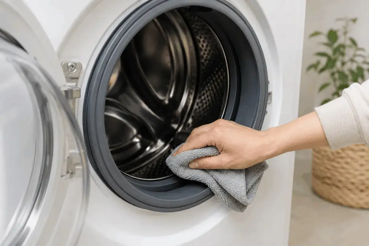Mano che pulisce la guarnizione della lavatrice con un panno grigio. Un gesto semplice per capire come pulire la lavatrice e mantenerla efficiente.