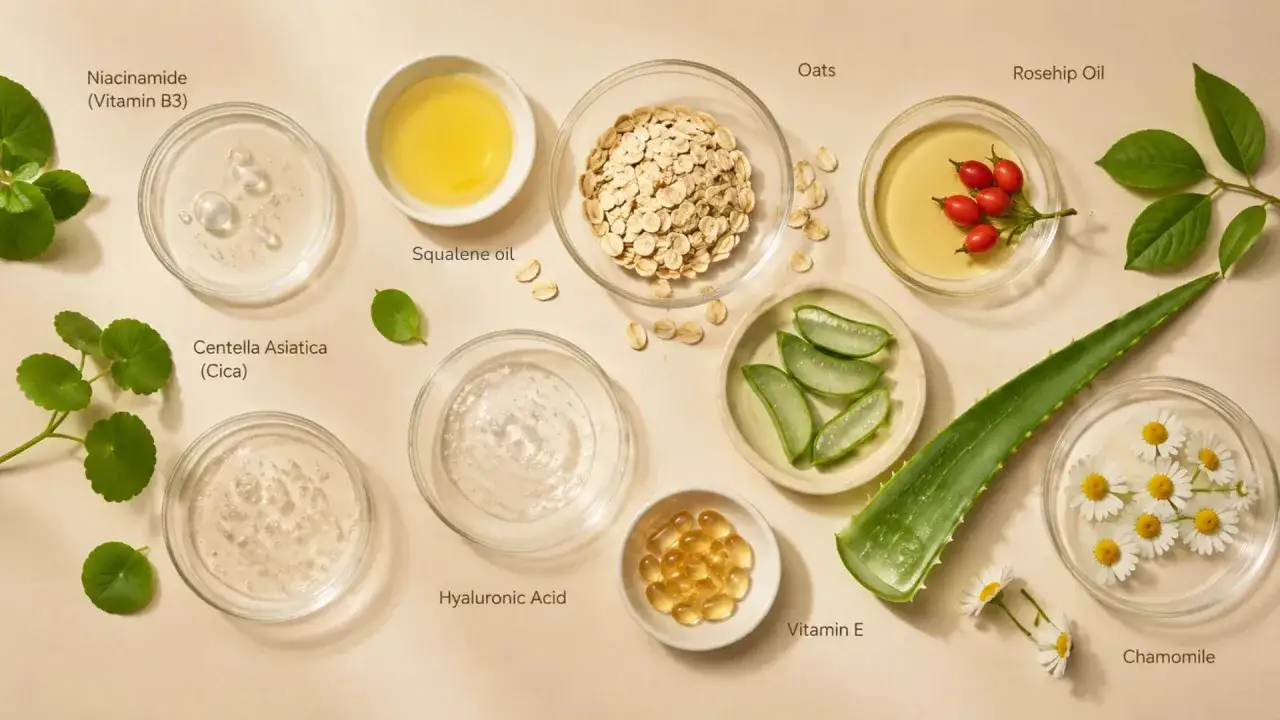 Ingredienti naturali per cosmetici nichel free: niacinamide, cica, squalene, avena, rosa mosqueta, aloe, vitamina E, camomilla.