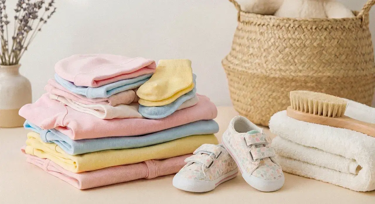 Pezzetti di abbigliamento per neonati, come lavare i vestiti dei neonati in lavatrice. Calzini, cappellini e scarpine pronti per il bucato.