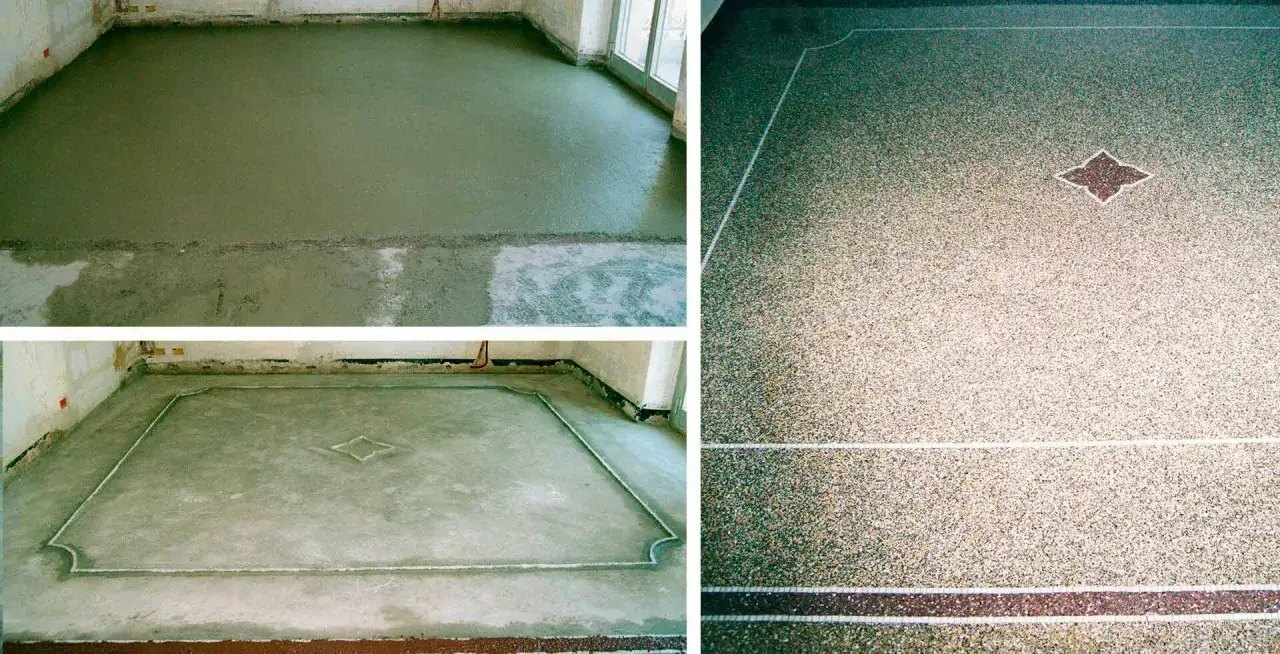 Fase di posa e finitura di un pavimento in graniglia, trattato con olio di lino per esaltarne la bellezza.