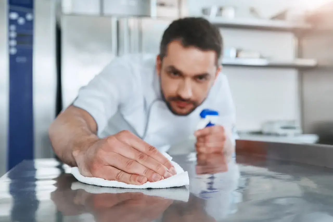 Un cuoco pulisce un bancone in acciaio inossidabile con uno spray e un panno. Impara come pulire la cucina per mantenerla igienica.